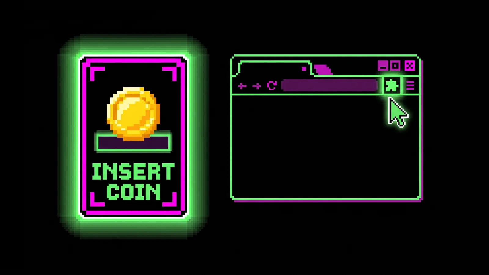 An INSERT COIN card and a browser toolbar with the extension button lit