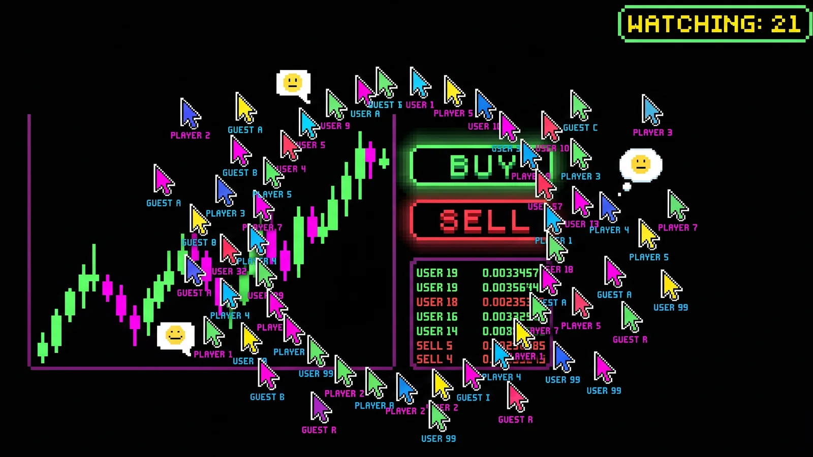 A coin page full of coloured cursors with name tags and a WATCHING counter