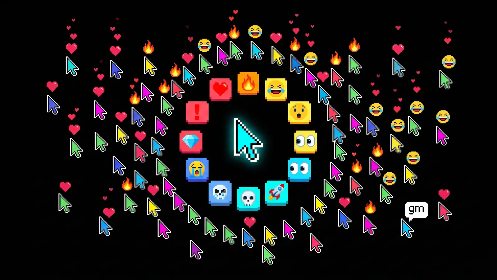 A ring of pixel emoji around a cursor with hearts floating up