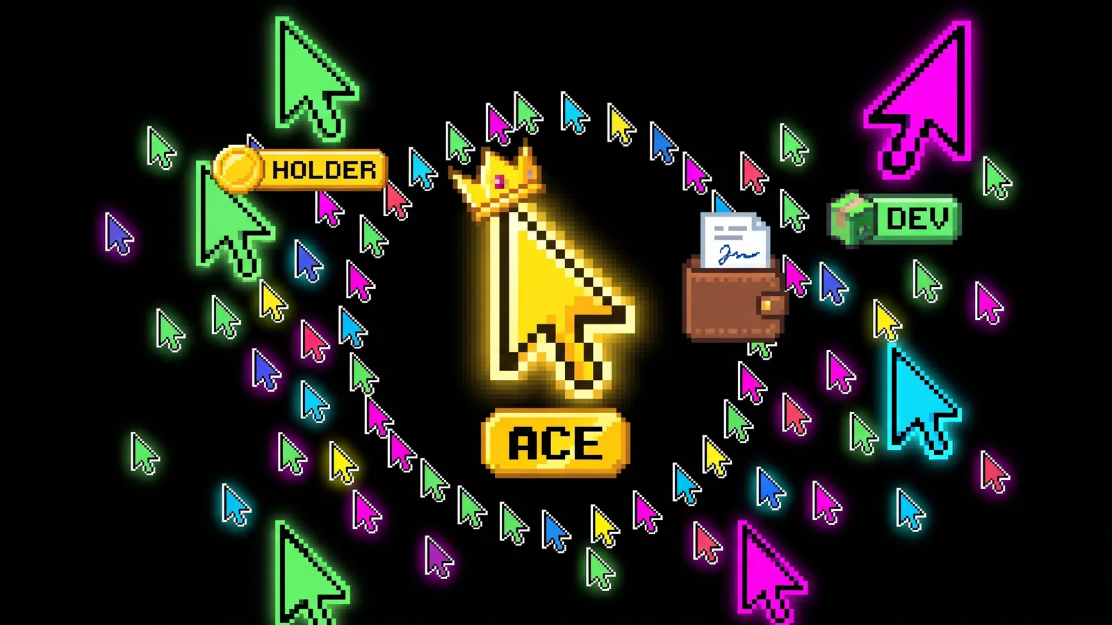 A gold cursor with a crown next to cursors tagged HOLDER and DEV