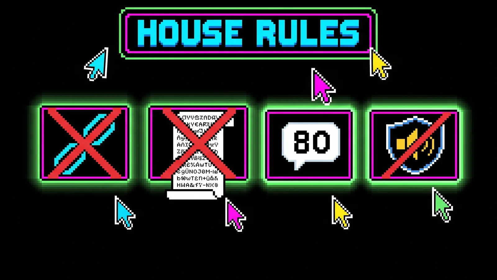 A HOUSE RULES sign with crossed out links and addresses